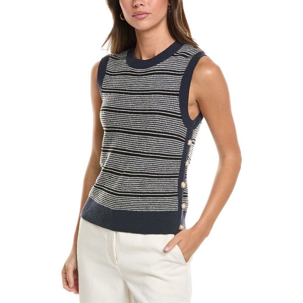 St. John Womens Crew Side Placket Wool-Blend Tank, Navy